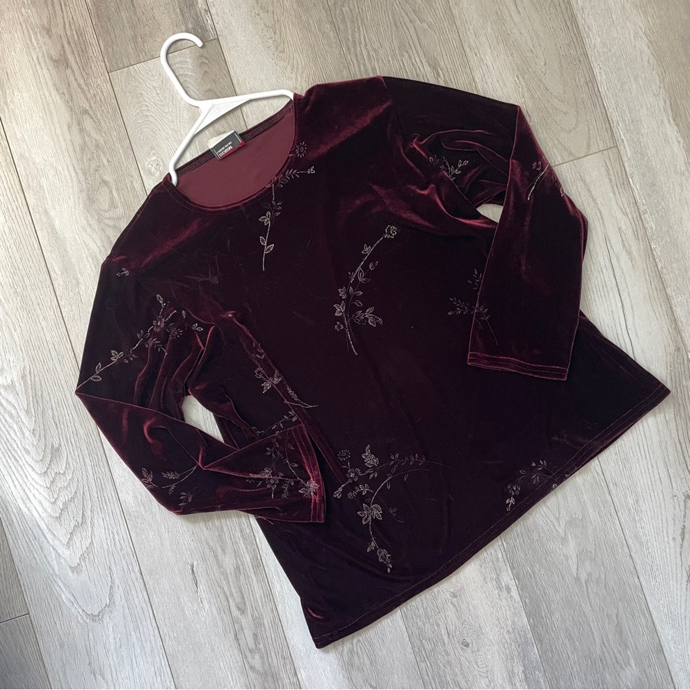 Vintage Velvet Shirt floral long sleeve womens Burgundy (medium) whimsygoth dark